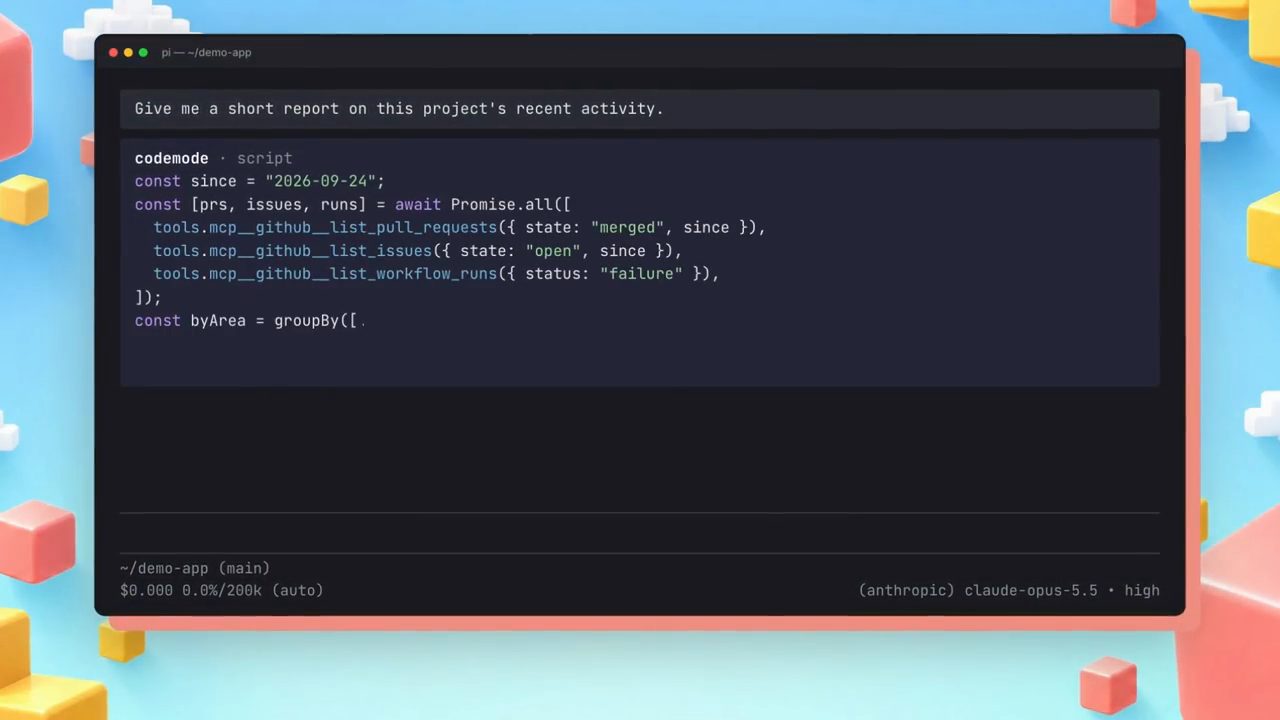 Terminal Pi: yêu cầu báo cáo hoạt động gần đây và một script codemode gọi ba tool GitHub MCP song song