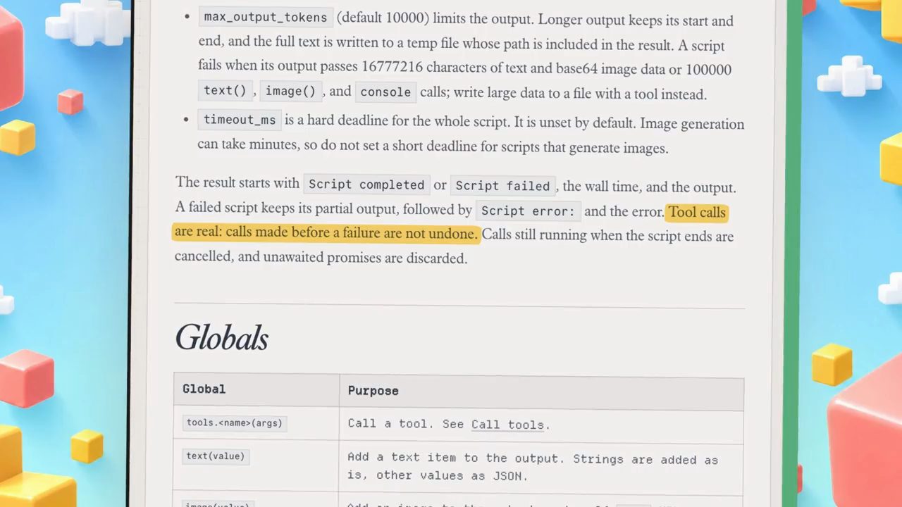 Tài liệu Codemode: max_output_tokens, timeout_ms, câu Tool calls are real được tô vàng, và bảng Globals