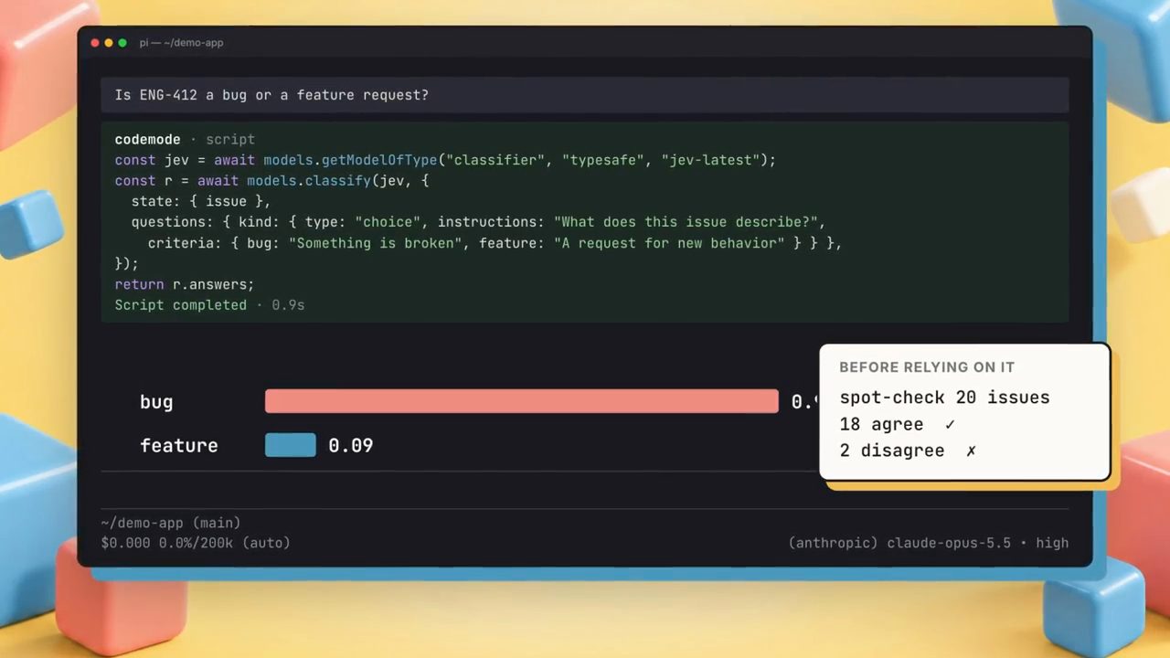 Script codemode gọi classifier jev-latest hỏi ENG-412 là bug hay feature, kết quả bug cao, feature 0.09, khung spot-check 20 issues
