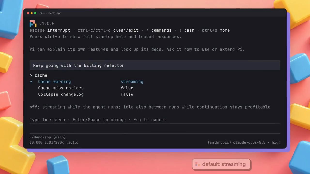 Menu settings của Pi lọc theo cache: Cache warming streaming, Cache miss notices false, Collapse changelog false