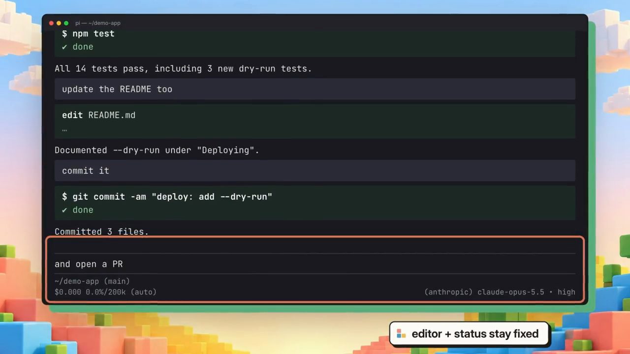 Pi ở chế độ fullscreen: npm test done, cập nhật README, git commit, khung editor và status được viền đỏ ở dưới