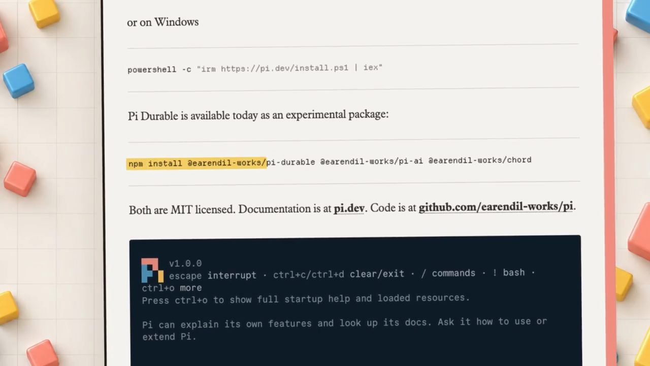 Trang công bố: lệnh cài PowerShell cho Windows, lệnh npm install Pi Durable, dòng Both are MIT licensed, và terminal Pi v1.0.0