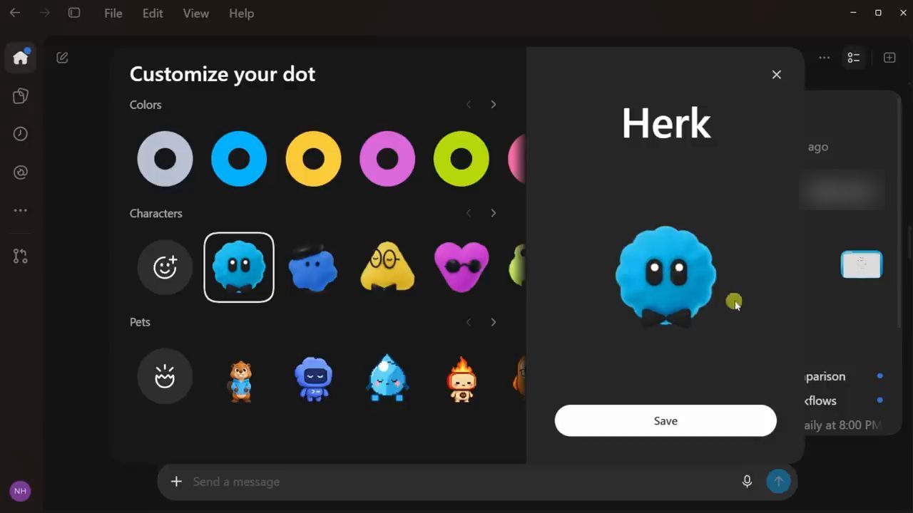 Hộp thoại Customize your dot trong app desktop, con dot màu xanh tên Herk