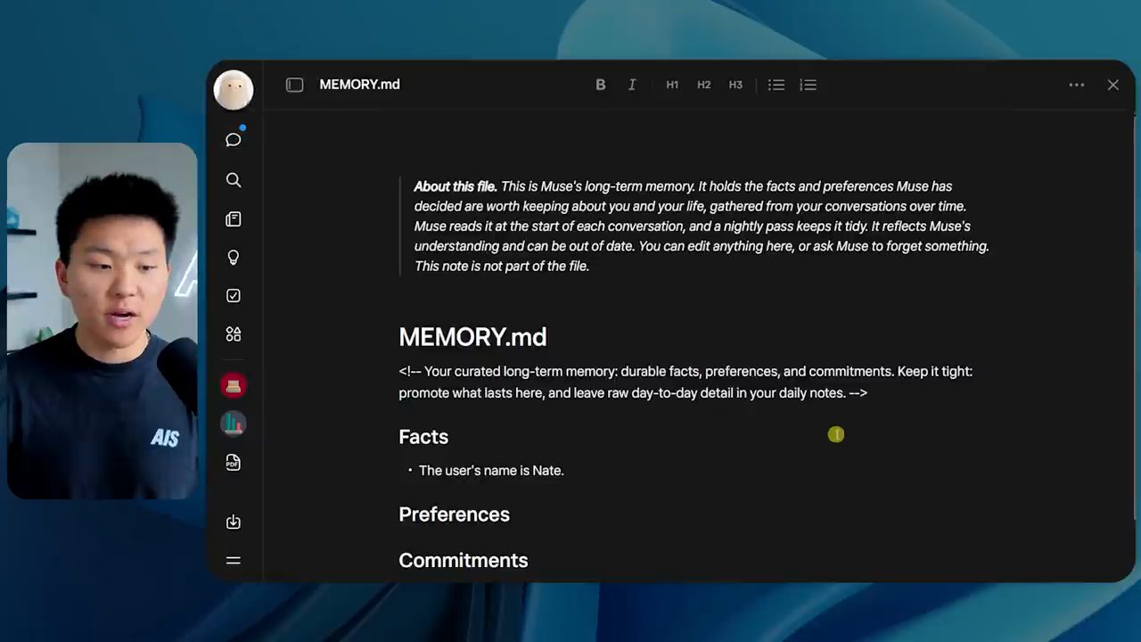 File MEMORY.md của Muse với các mục Facts, Preferences, Commitments
