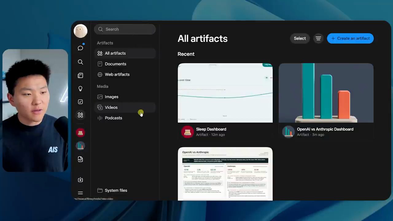 Trang All artifacts trong Muse với Sleep Dashboard và OpenAI vs Anthropic Dashboard