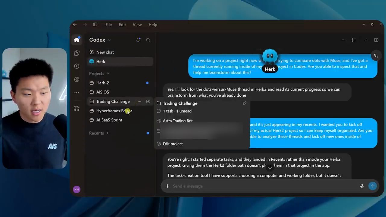 App Codex với danh sách project và cuộc trò chuyện với dot Herk