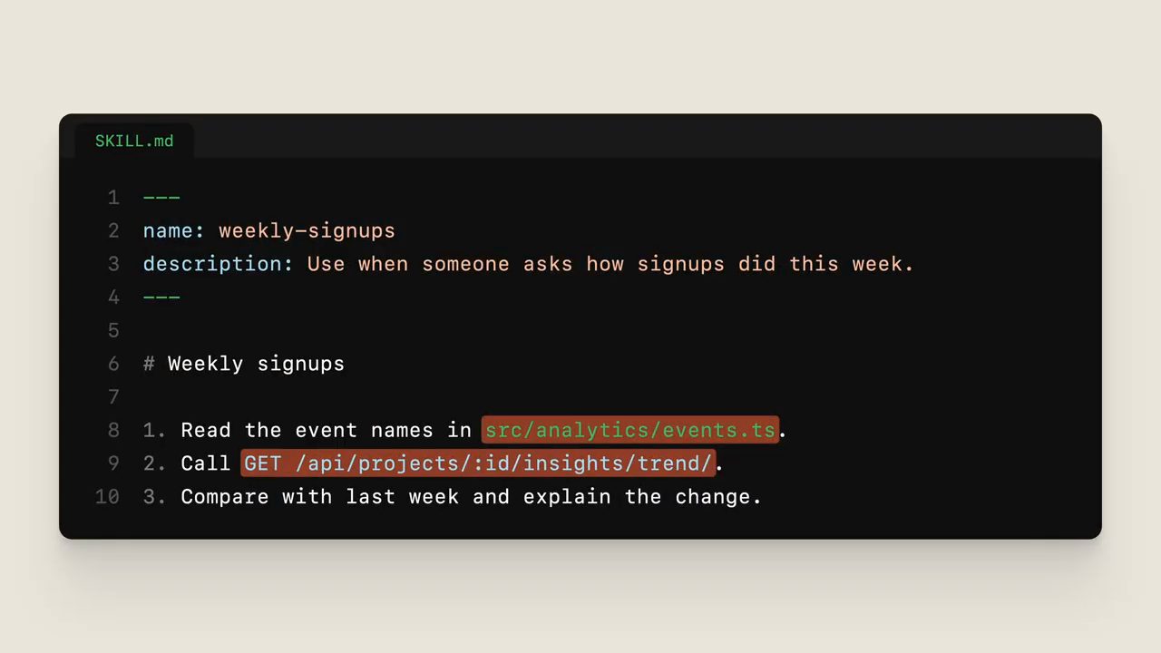 SKILL.md weekly-signups với đường dẫn file và endpoint được tô đỏ
