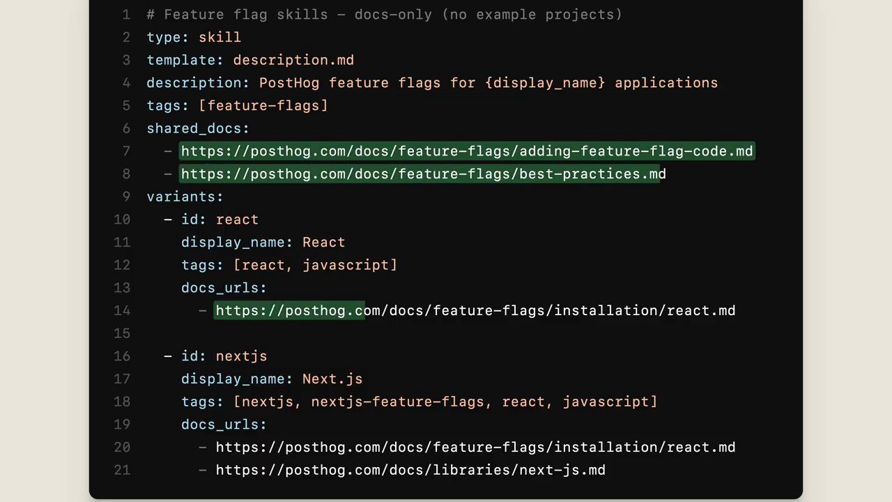 File cấu hình feature flag skills, chỉ chứa link tới docs PostHog