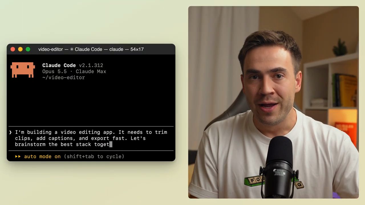 Cửa sổ Claude Code với prompt về app sửa video, bên cạnh Dennis Ivy