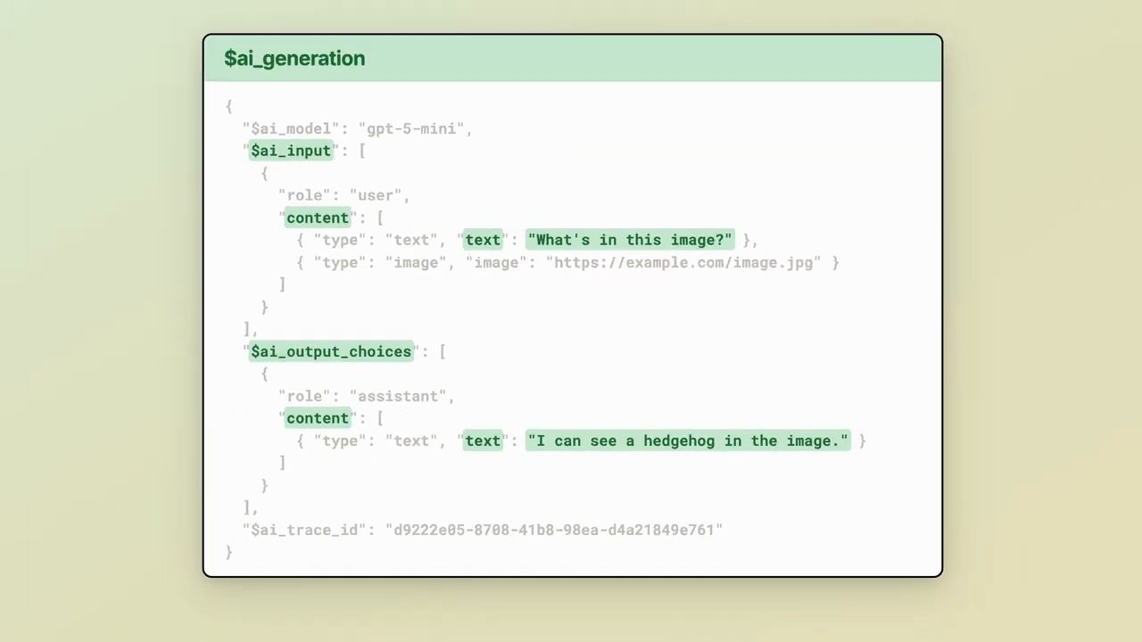 Event $ai_generation dạng JSON với các trường lồng nhau được tô xanh
