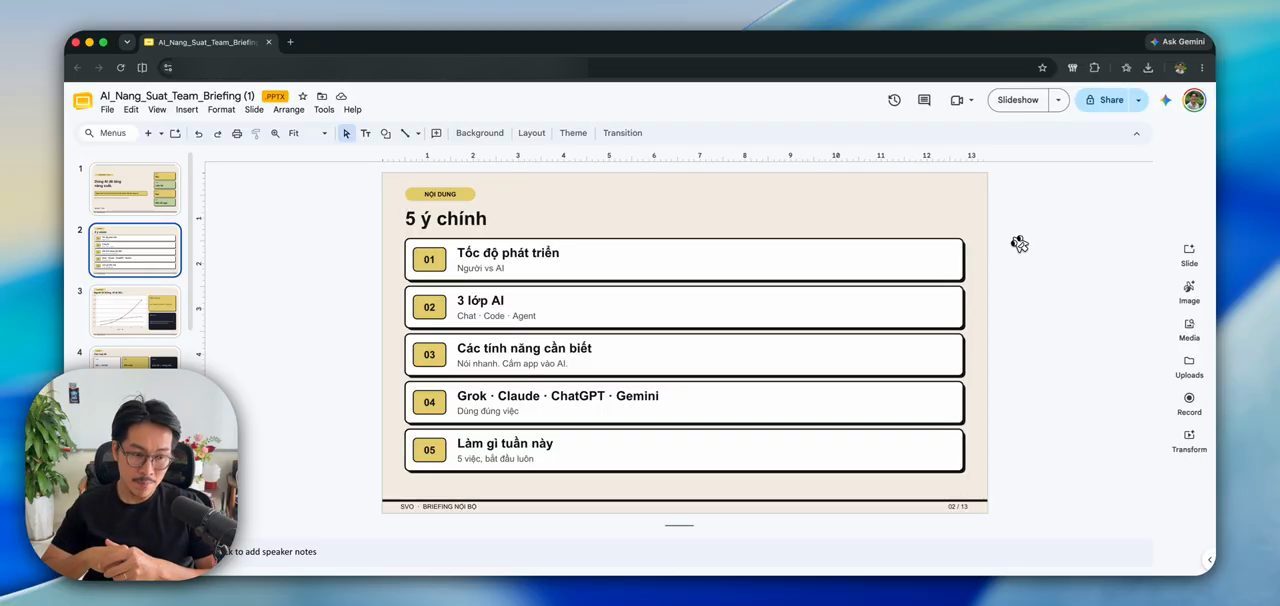 Slide 5 ý chính: tốc độ phát triển, 3 lớp AI, các tính năng cần biết, Grok Claude ChatGPT Gemini, làm gì tuần này