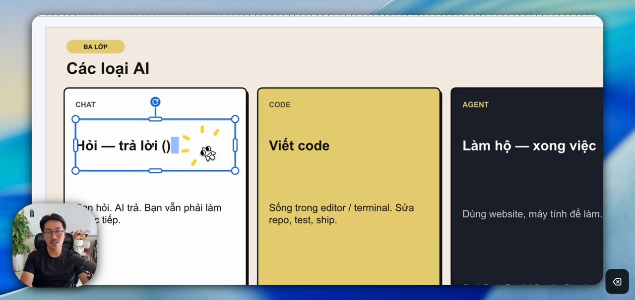 Slide Các loại AI với ba thẻ Chat, Code và Agent