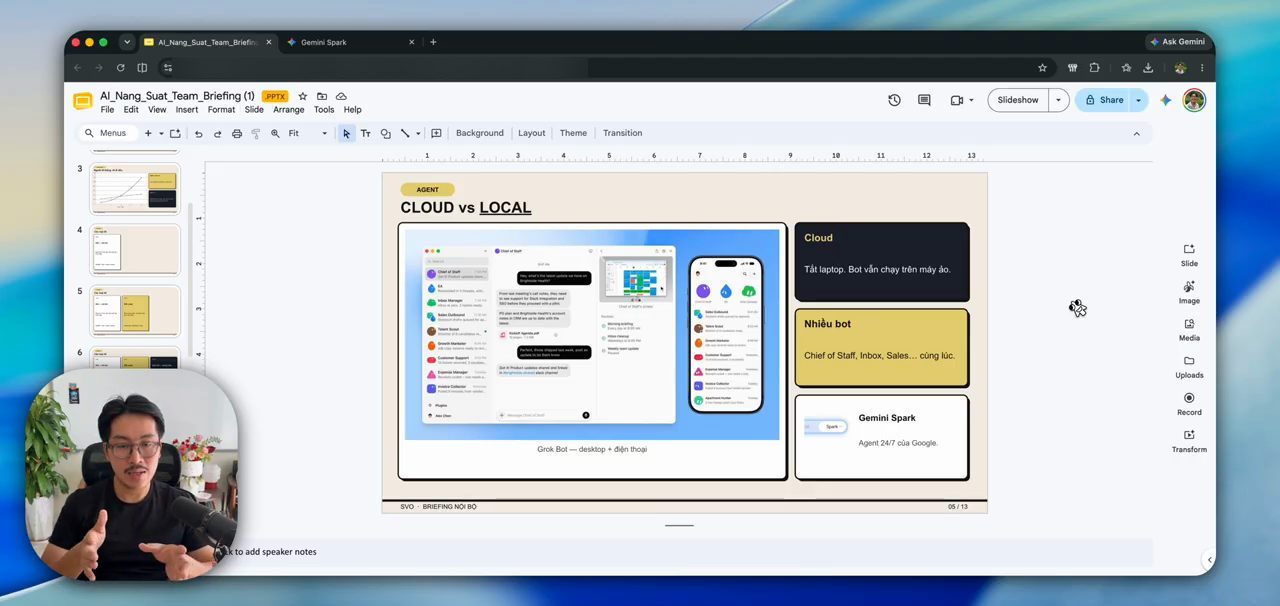Slide Cloud vs Local với ảnh giao diện Grok Bot trên desktop và điện thoại