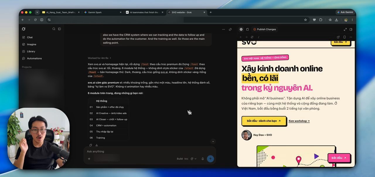 Grok đang làm trang web cho SVO, bên phải là bản xem trước của trang
