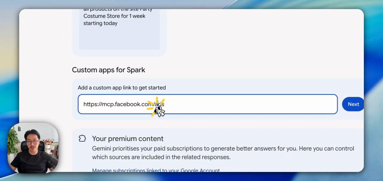 Mục Custom apps for Spark trong Gemini với đường link MCP của Meta Ads