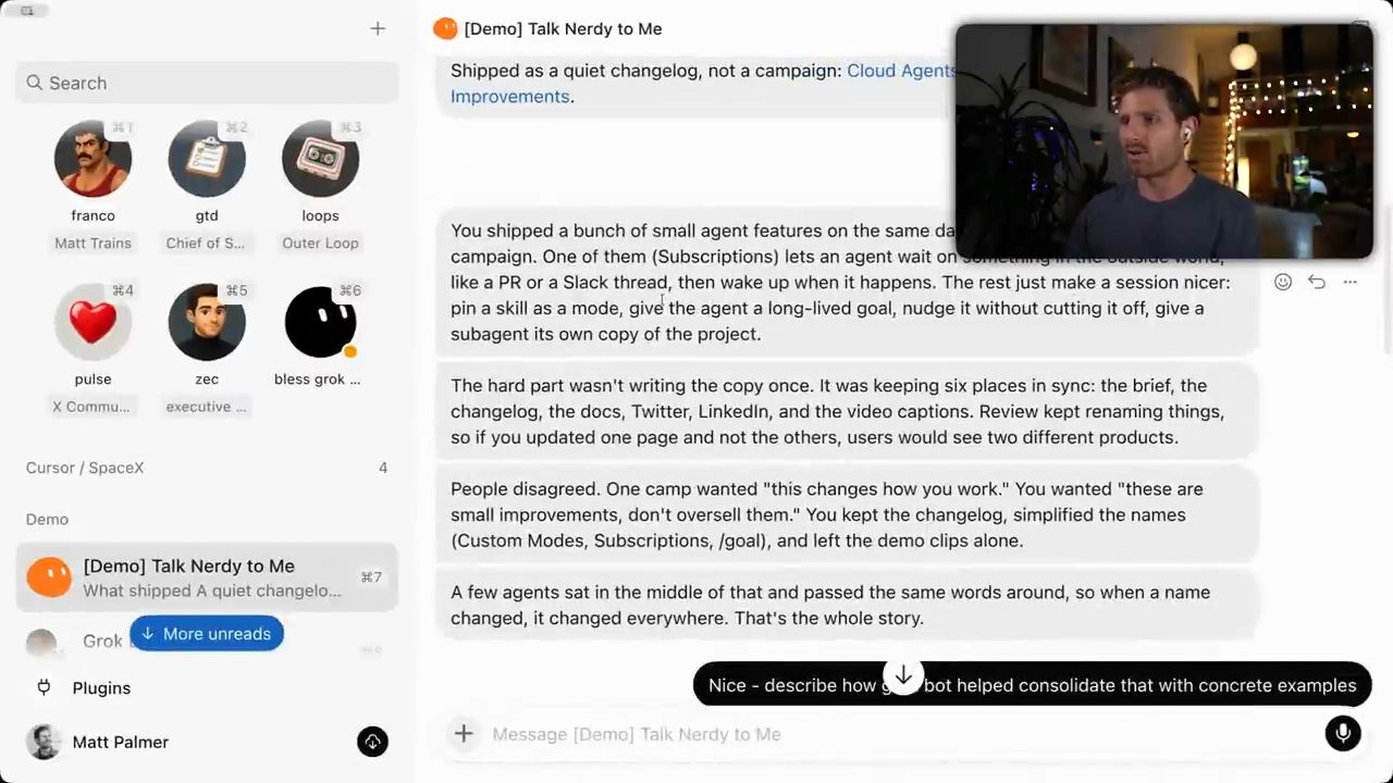 Cuộc chat Demo Talk Nerdy to Me trong Grok Bot tóm tắt đợt launch một changelog