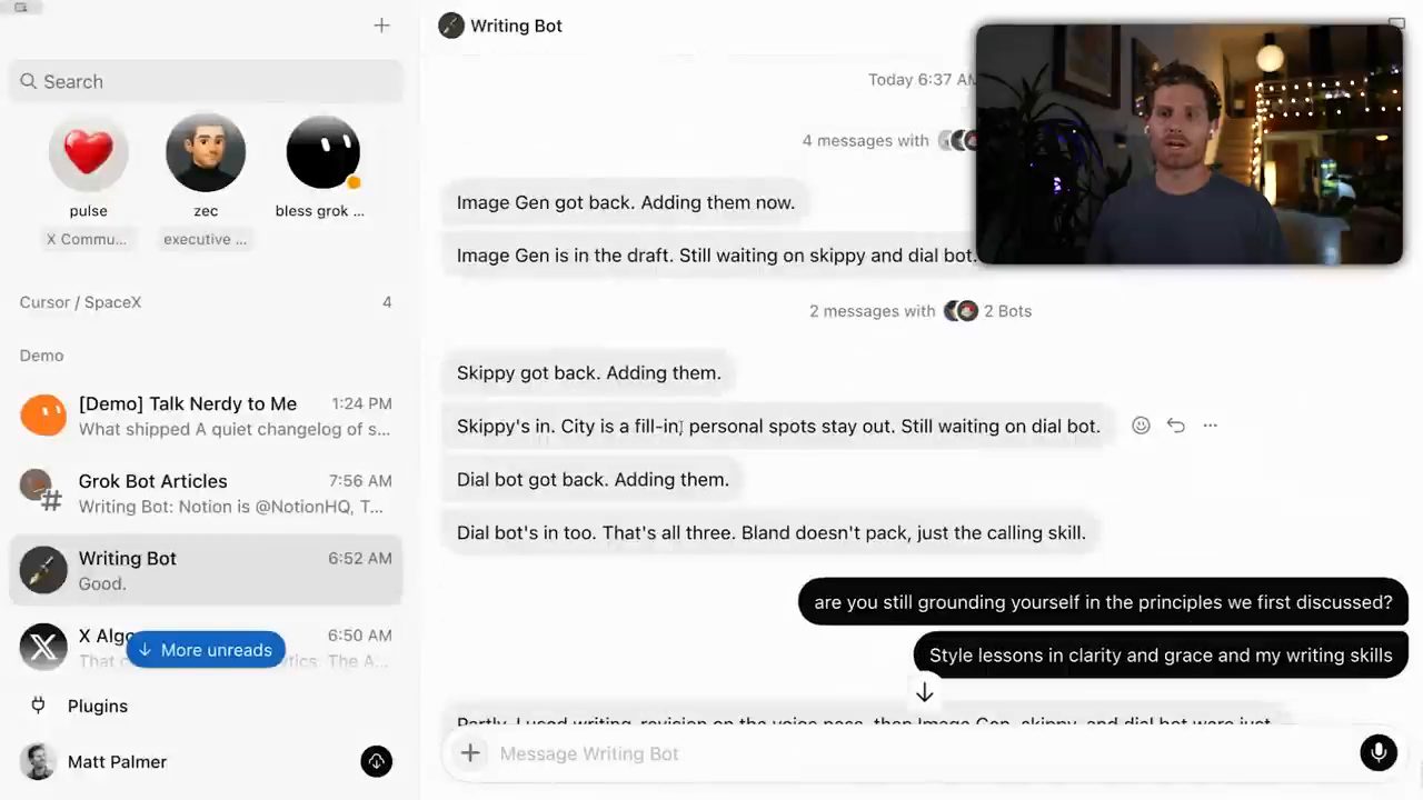 Cuộc chat với Writing Bot, nó đang gom phần trả lời của các bot khác