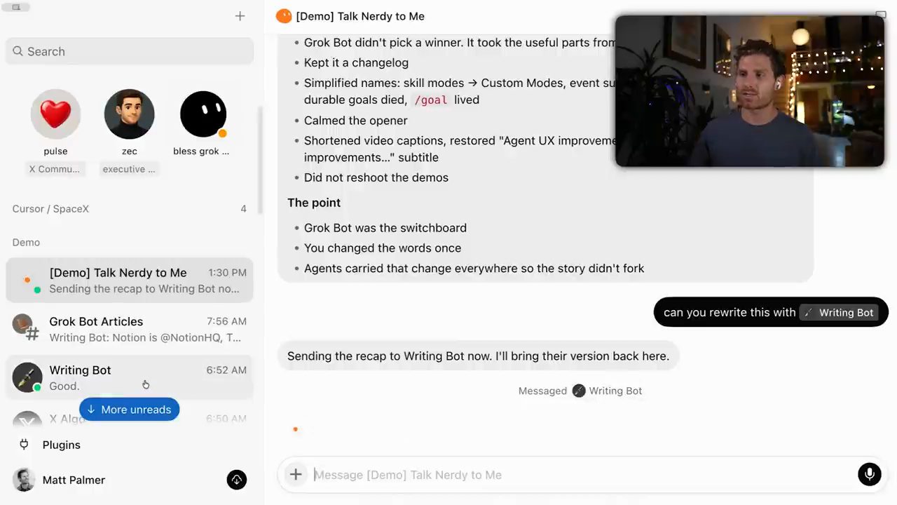 Matt gõ can you rewrite this with Writing Bot và bot trả lời đang gửi bản tóm tắt sang Writing Bot
