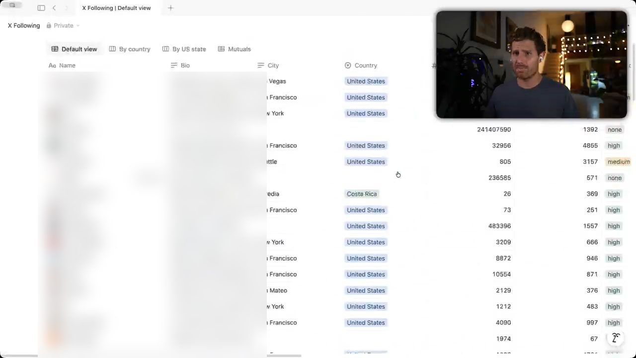 Database X Following trong Notion với các cột Name, Bio, City, Country và các view By country, By US state, Mutuals