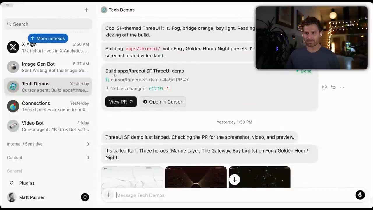 Channel Tech Demos với thẻ Build apps/threeui SF ThreeUI demo, nút View PR và Open in Cursor