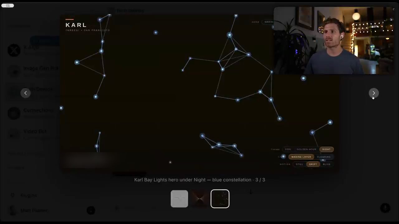 Demo Karl: hero Bay Lights dưới preset Night với các chòm sao màu xanh