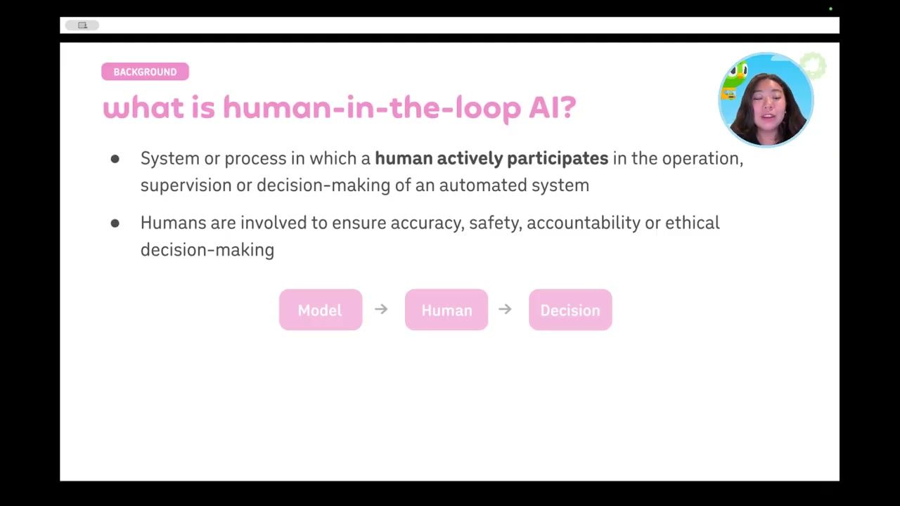 Slide định nghĩa human-in-the-loop AI với chuỗi Model, Human, Decision