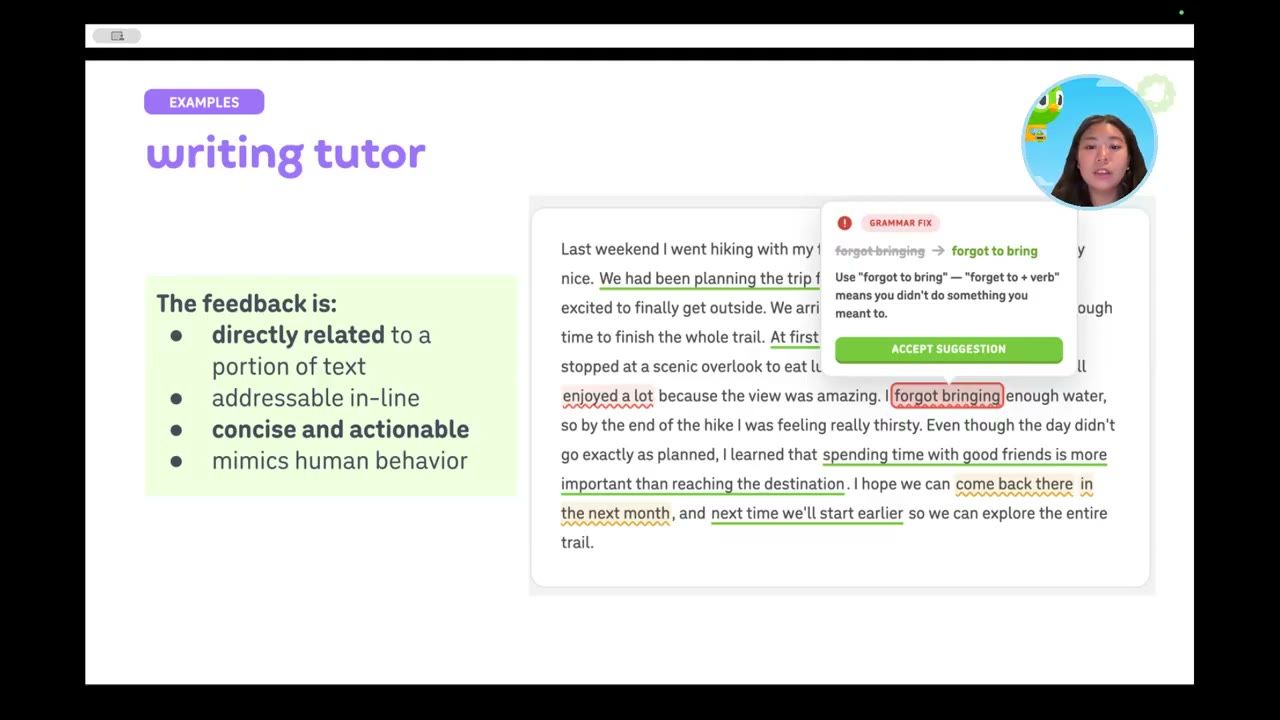 Slide writing tutor dạng đánh dấu với gợi ý sửa forgot bringing thành forgot to bring