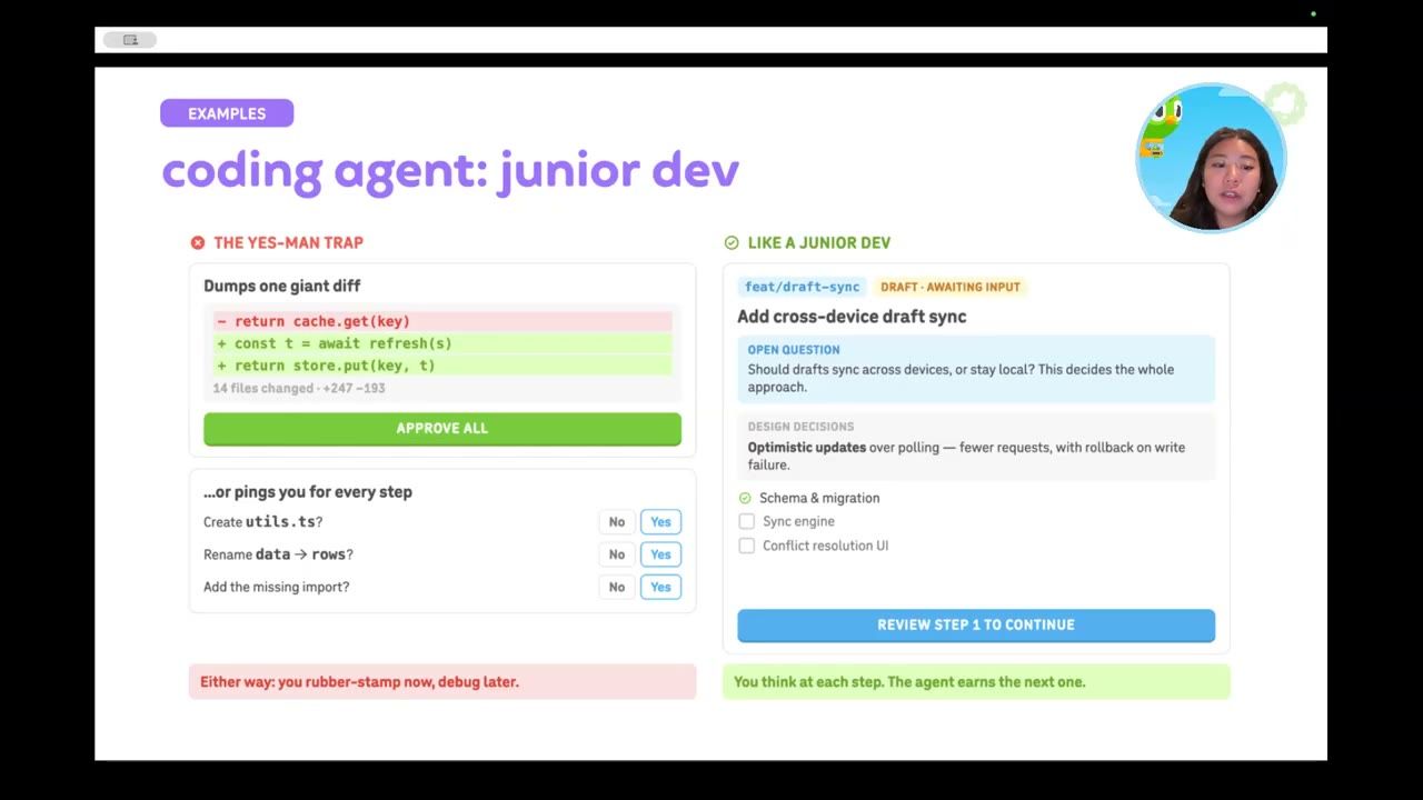 Slide coding agent: junior dev, the yes-man trap và like a junior dev