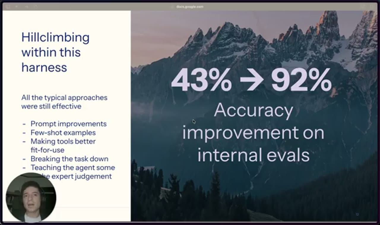 Slide Hillclimbing within this harness, 43% → 92% accuracy improvement on internal evals