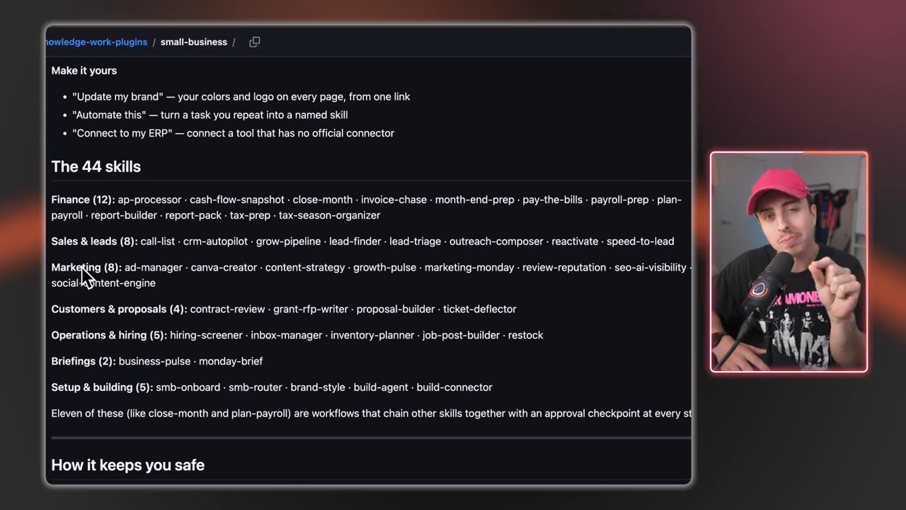README của plugin small-business trên GitHub, mục The 44 skills