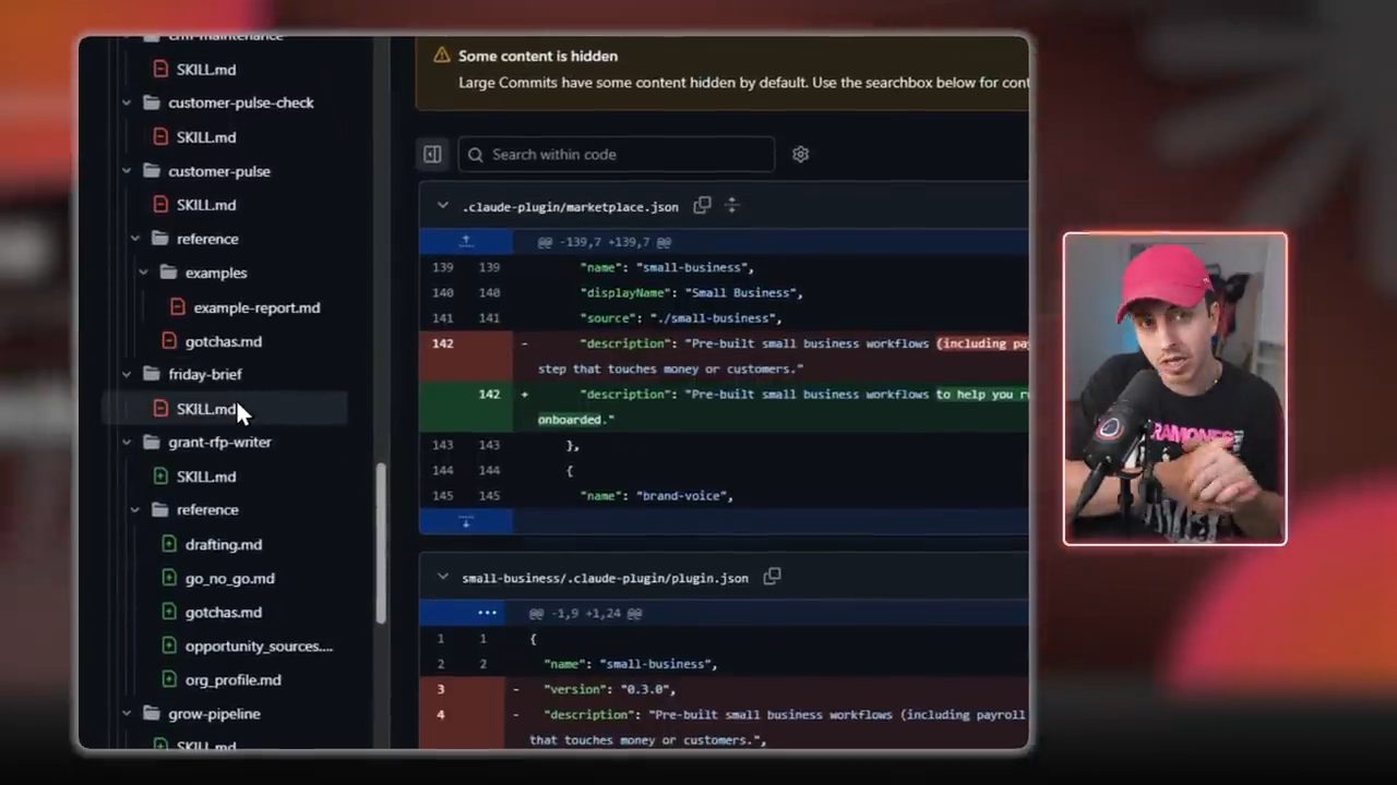 Commit trên GitHub của plugin small-business: cây thư mục skill có friday-brief và diff file marketplace.json, plugin.json