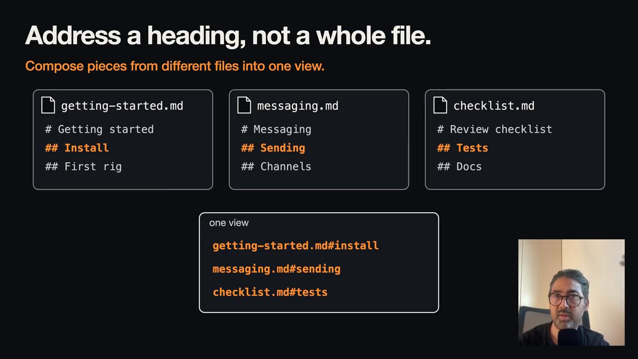 Slide Address a heading, not a whole file với ba file Markdown và một khung one view ghép ba heading