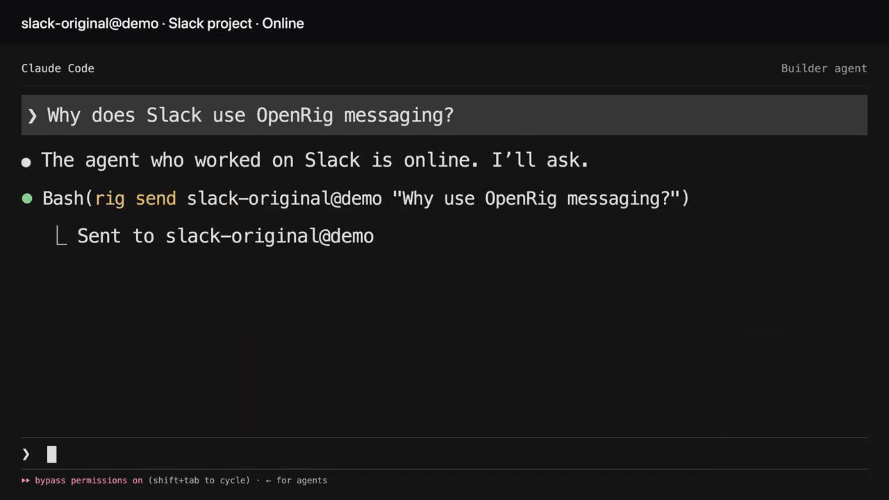 Màn hình Claude Code của Builder agent gửi câu hỏi tới slack-original@demo bằng rig send