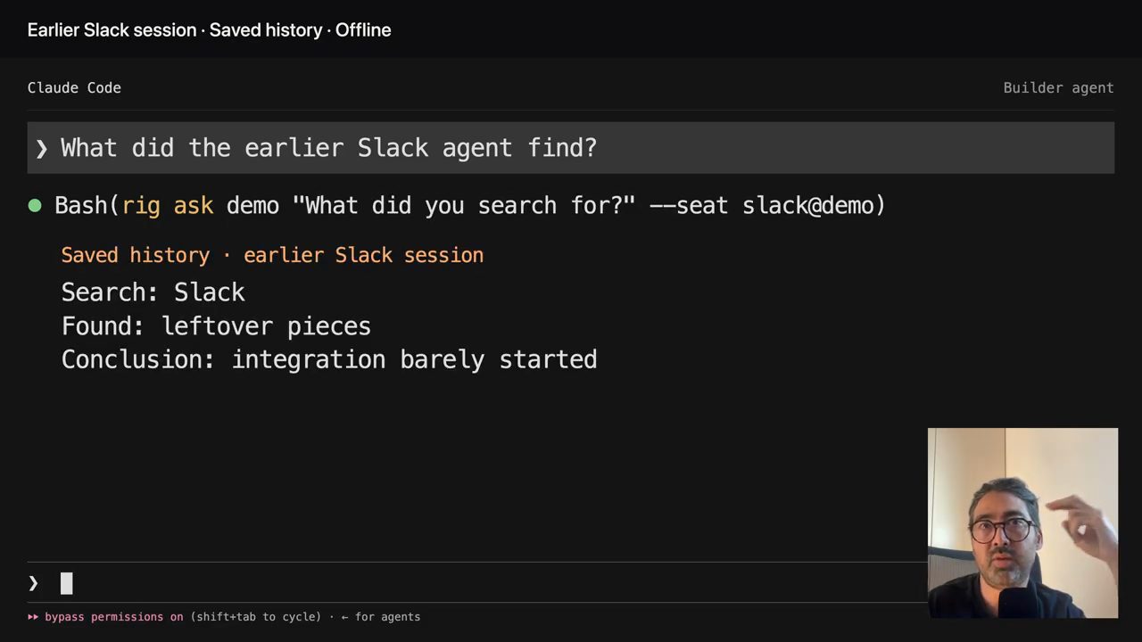 Màn hình Claude Code dùng rig ask để hỏi lịch sử đã lưu của phiên Slack trước, đang offline