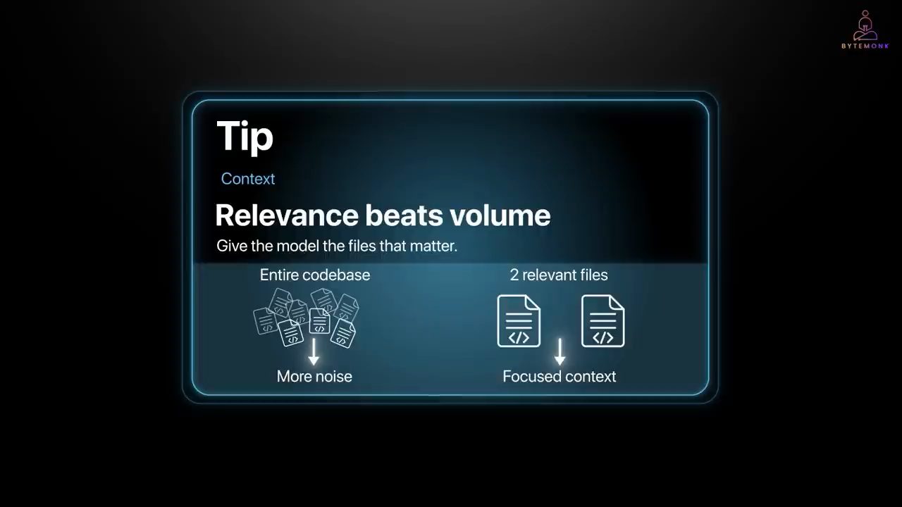 Thẻ Tip: Context, Relevance beats volume, so sánh Entire codebase dẫn tới More noise với 2 relevant files dẫn tới Focused context