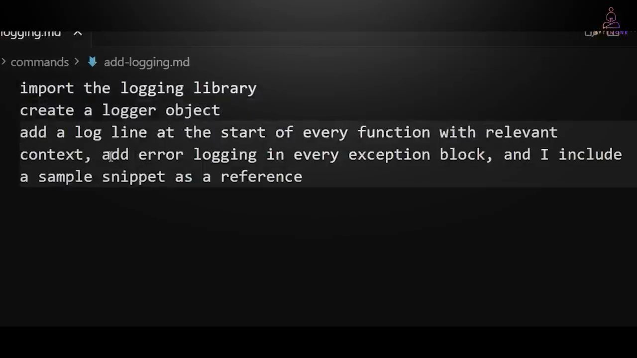 File .cursor/commands/add-logging.md mở trong editor với ba dòng chỉ dẫn về logging