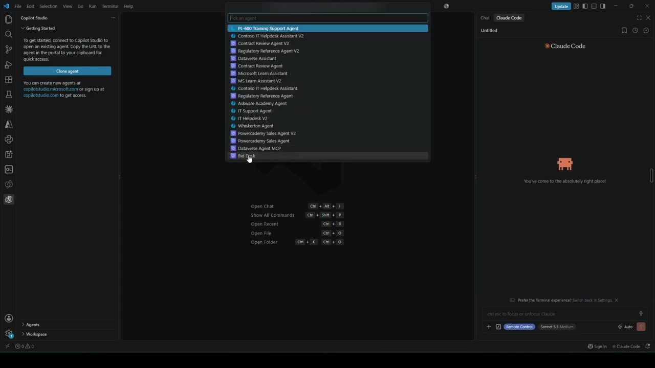 VS Code: hộp chọn agent trong environment, Bid Desk ở cuối danh sách