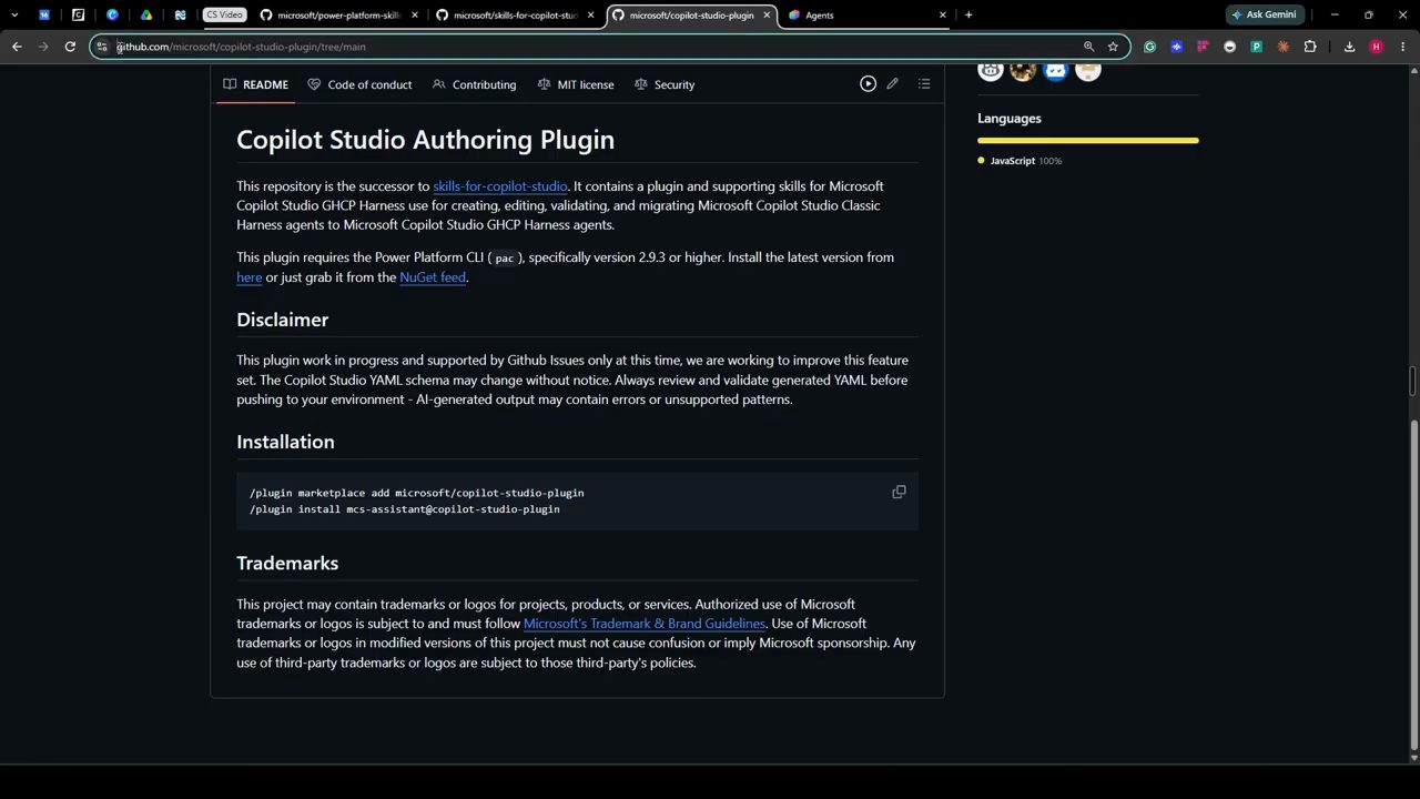 README của repo copilot-studio-plugin: Copilot Studio Authoring Plugin, Disclaimer và Installation