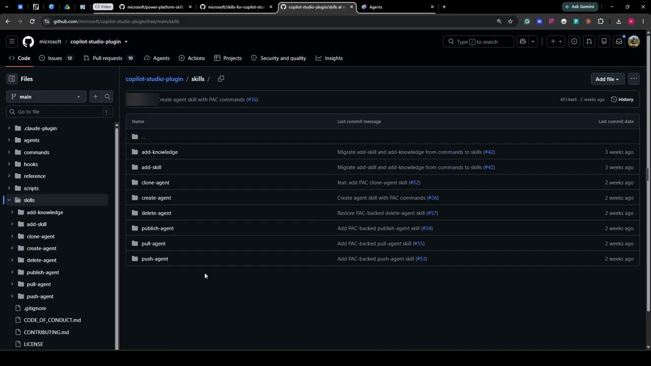 Thư mục skills của repo copilot-studio-plugin với tám skill