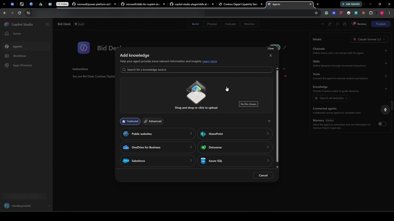Copilot Studio: hộp thoại Add knowledge với ô kéo thả file và các nguồn Public websites, SharePoint, OneDrive, Dataverse, Salesforce, Azure SQL