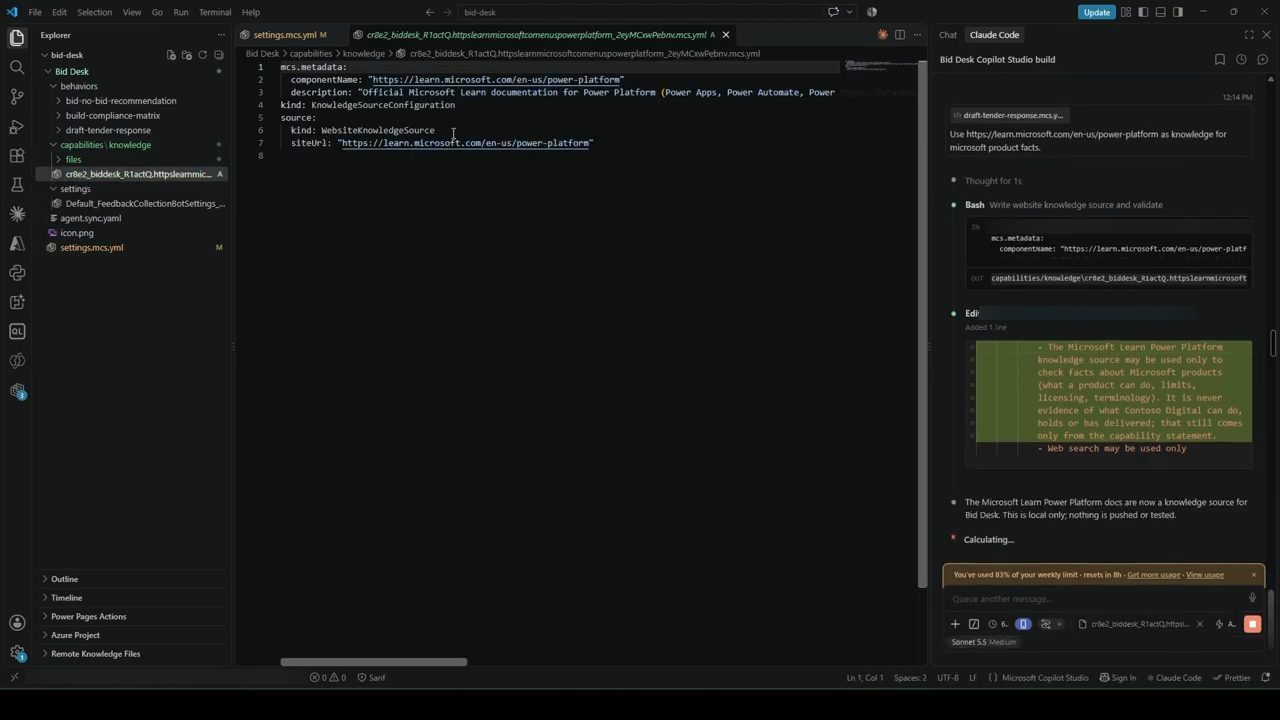 VS Code: file knowledge mới với WebsiteKnowledgeSource trỏ tới learn.microsoft.com, khung Claude Code hiện một dòng mới thêm vào instructions