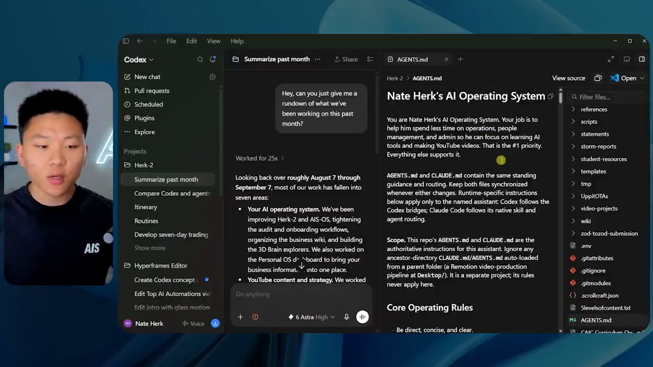 Codex desktop app: bên trái là câu trả lời tóm tắt một tháng, bên phải mở file AGENTS.md của project Herk-2