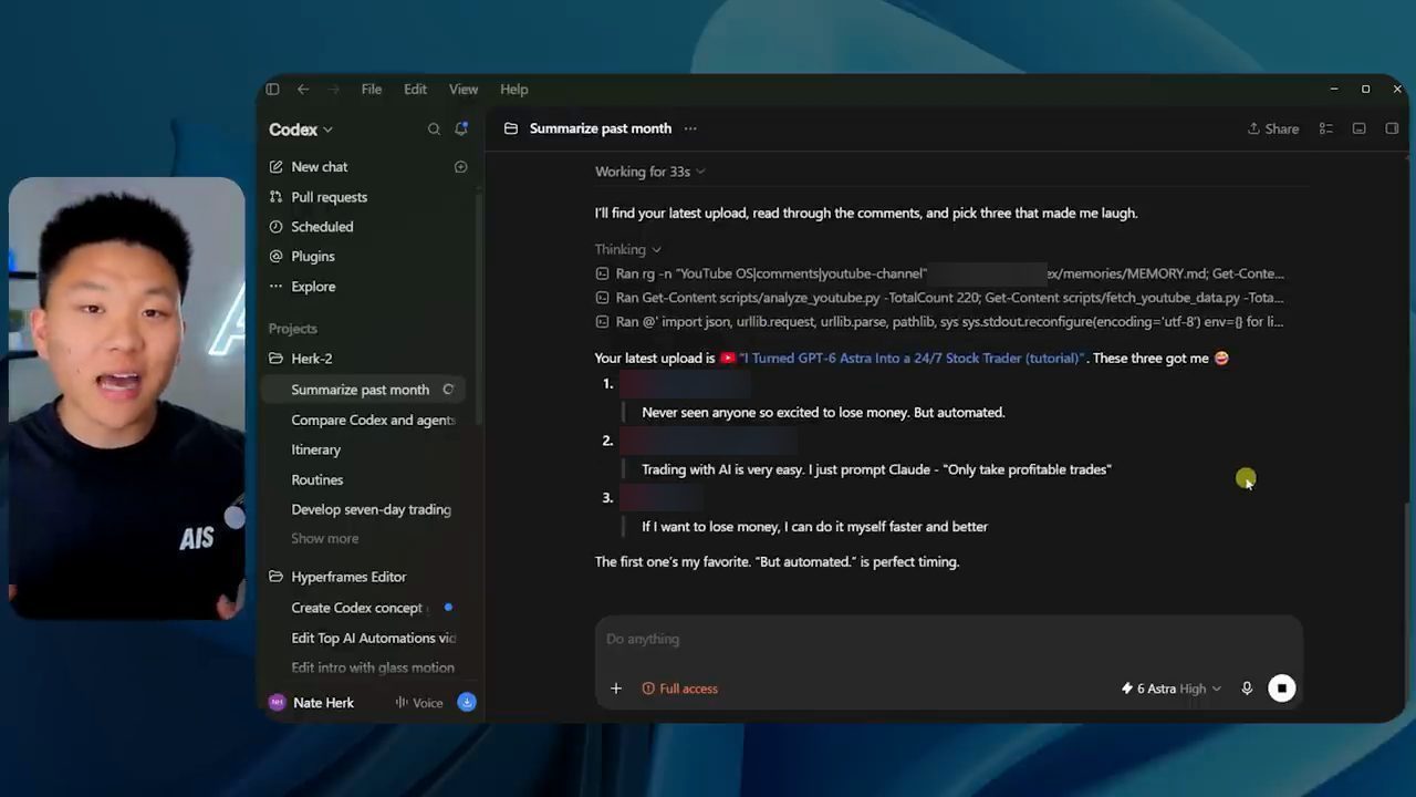 Codex chạy ba lệnh rồi trả về ba comment buồn cười dưới video Nate vừa đăng