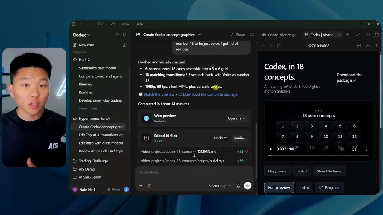 Kết quả goal: danh sách đã hoàn thành và trang preview Codex, in 18 concepts chạy trên localhost