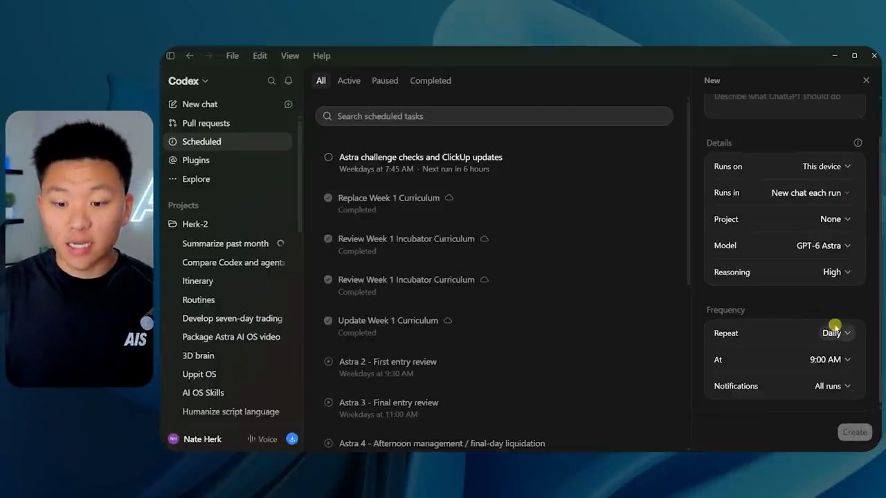 Màn Scheduled của Codex: danh sách task bên trái, form tạo task mới bên phải