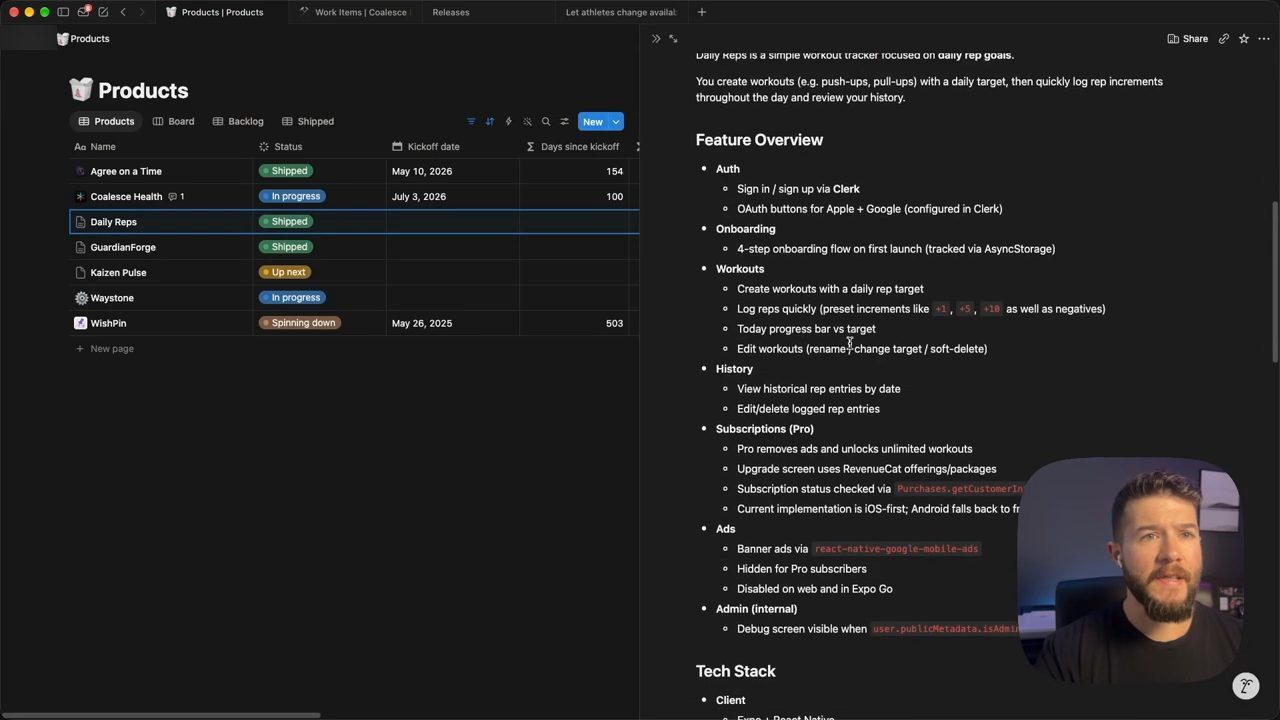 Notion: bảng Products bên trái, trang Daily Reps mở bên phải với Feature Overview và Tech Stack