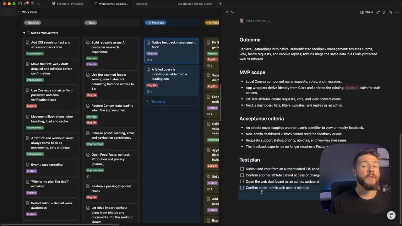 Board Work Items với các cột Backlog, Todo, In Progress; item Native feedback management MVP mở bên phải