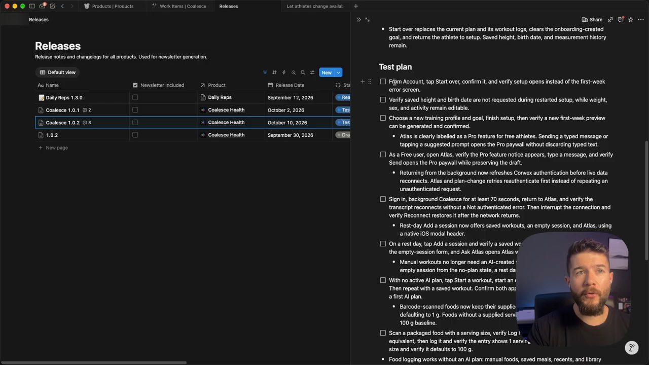 Notion Releases: bảng các bản Daily Reps 1.3.0, Coalesce 1.0.1, 1.0.2 và trang release mở bên phải với Test plan dạng checkbox