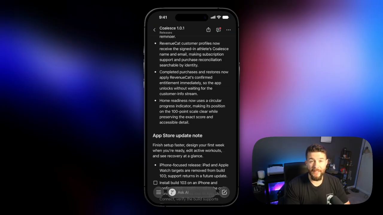 Trang release Coalesce 1.0.1 trên iPhone với các dòng release notes và mục App Store update note