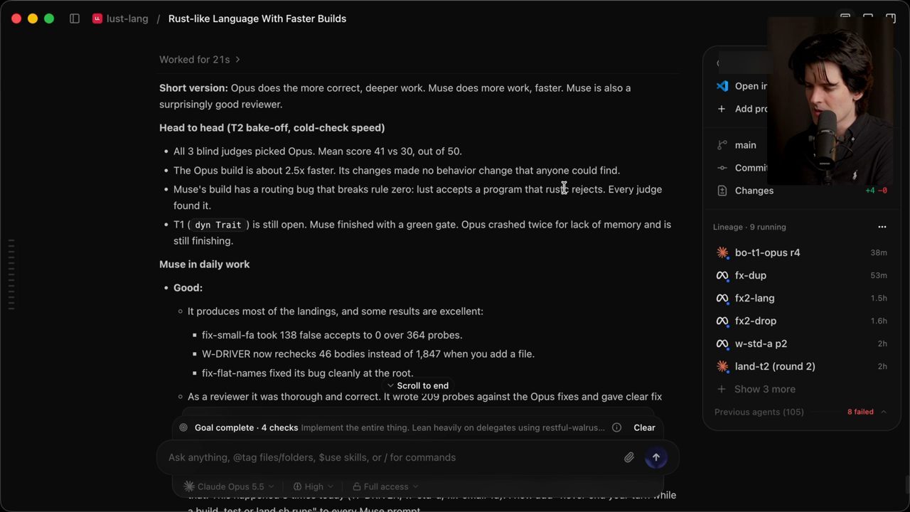 Thread lust-lang trong T3 Code: bản tóm tắt so sánh Opus và Muse, kèm danh sách agent đang chạy